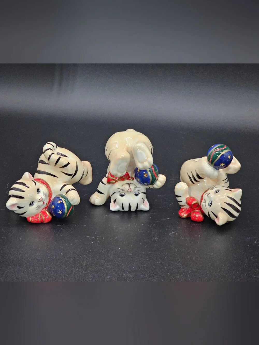 Vintage Ceramic Playful Tabby Kittens Figurine Set of 3 – Cats with Yarn Balls